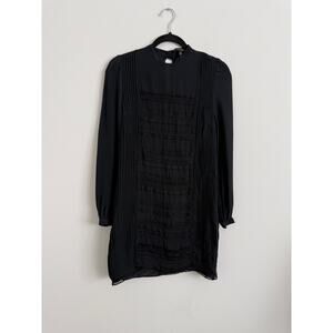 Black 100% Silk Sheer Lace Pintuck Dress Romantic Minimalist Size 2